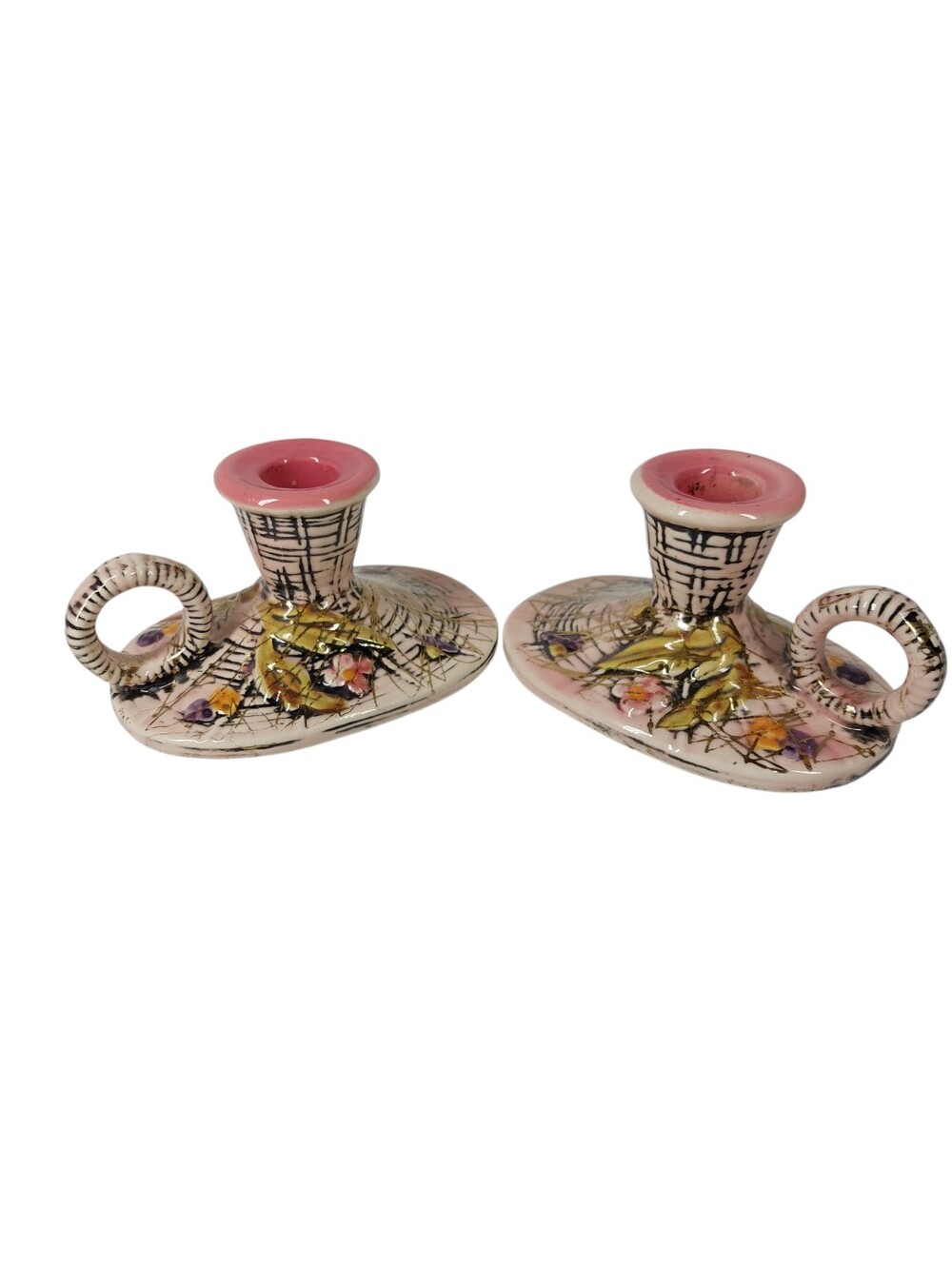 Vtg 1955 Hull Art Pottery Pink BLOSSOM FLITE Candleholder Set Of 2 Gold Accents